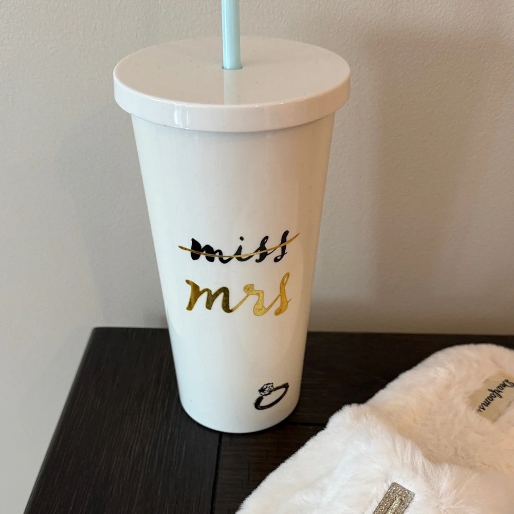 I Do, White Fuzzy Slippers and Kate Spade Tumbler